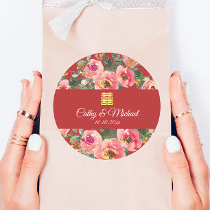 Adesivo Peony floral dupla felicidade chinesa vermelha de 