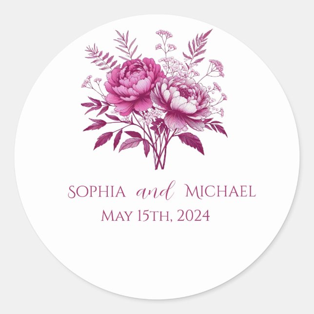 Adesivo Peony Magenta de Aquarela - Vinhetas De Casamento (Frente)