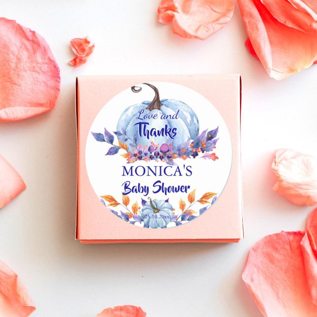 Adesivo Pequeno abóbora azul chá de fraldas (Little pumpkin boy baby shower  thank you favor gift stickers blue pumpkin autumn foliage favor)