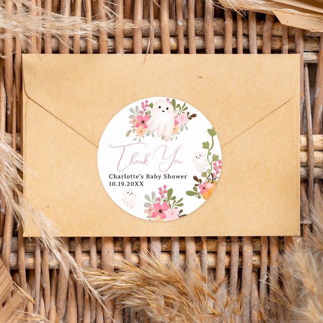 Adesivo Pequeno chá de fraldas de abóbora floral brilhante (Cute floral ghost pumpkin little boo baby shower classic round sticker)