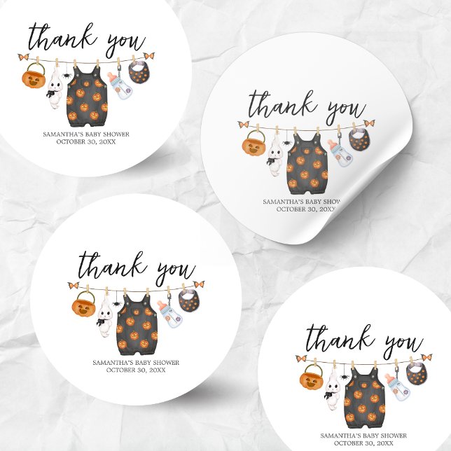 Adesivo Pequeno Chá de fraldas de Boo Pumpkin Halloween (Little Boo Pumpkin Clothesline Halloween Baby Shower Sticker)