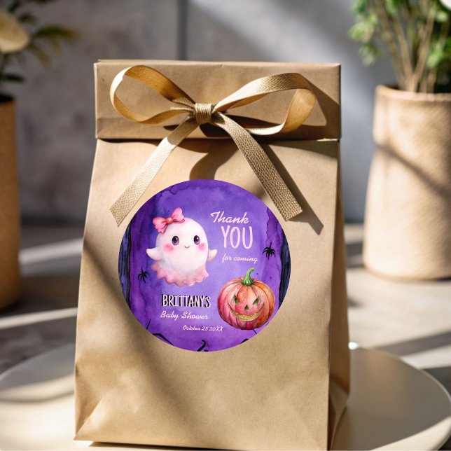 Adesivo Pequeno chá de fraldas-fantasma rosa (Little boo pink cute ghost Halloween baby shower thank you favor sticker purple jack o lantern)