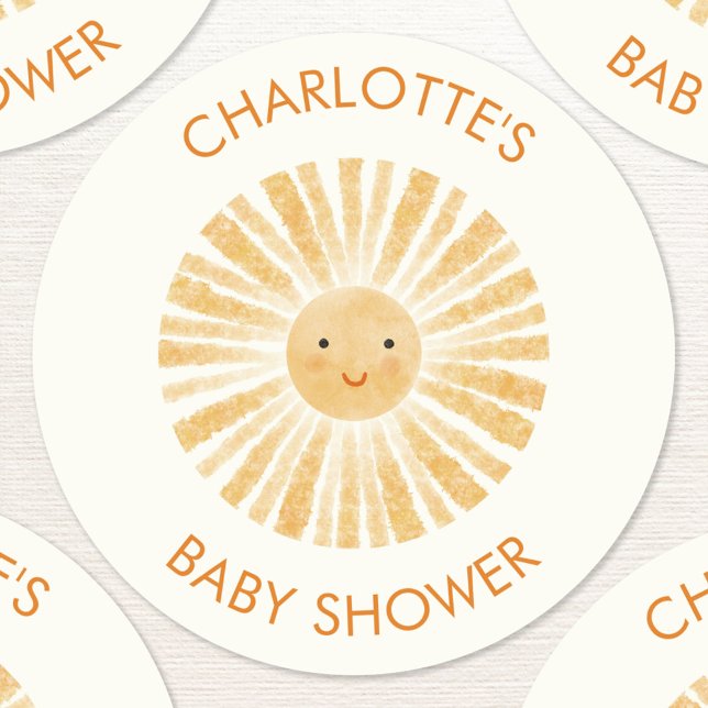 Adesivo Pequeno Chá de fraldas personalizado sunshine (Fun personalized watercolor sunshine baby shower stickers with custom name and text)