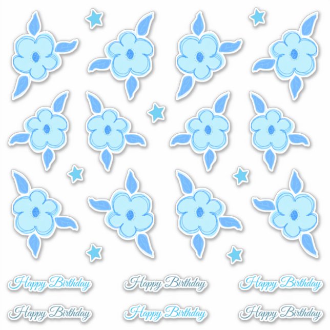 Adesivo Pequeno Feliz Aniversário Flores Azuis e Estrelas (Frente)