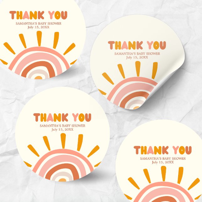 Adesivo Pequeno Raio de Sol Boho Sol Chuvada de Bebê (Little Ray of Sunshine Retro Baby Shower Round Sticker)
