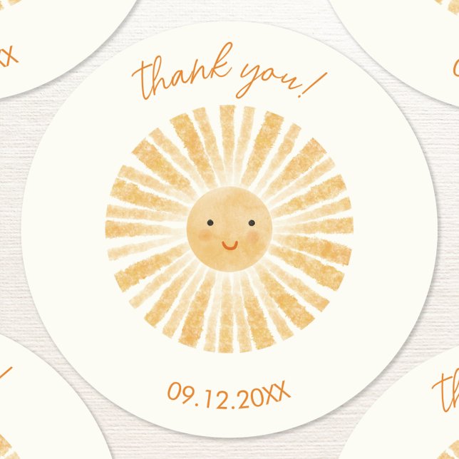 Adesivo Pequeno Sol, Obrigado (Personalized date thank you sticker with watercolor sunshine)