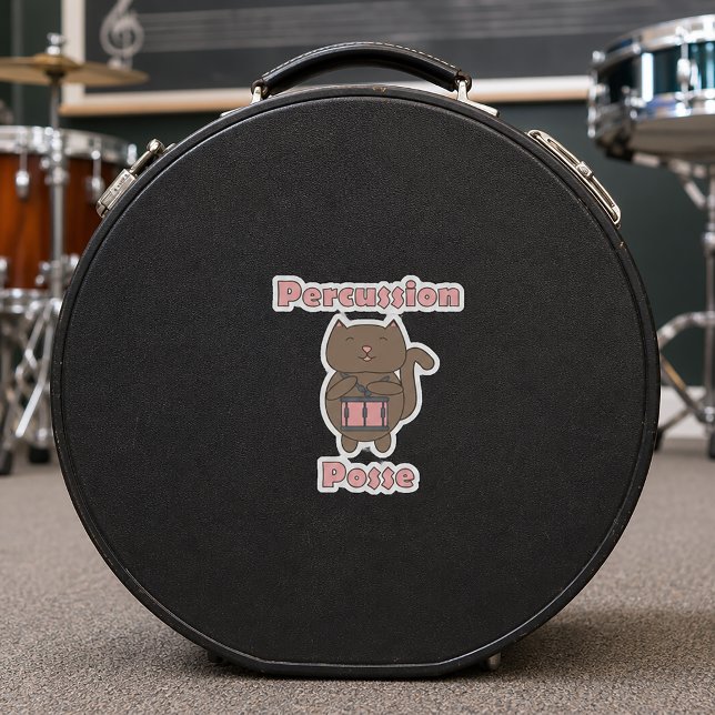 Adesivo Percussion Posse - Cute Funny Drummer Cat (A die cut sticker with a snare drum playing cat and the text percussion posse.)