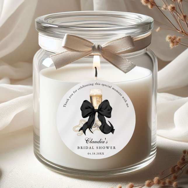 Adesivo Pérolas Elegantes & Prosecco Preto com Laço Convid (Pearls and Prosseco Thank you bridal shower stickers)