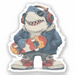 Adesivo Personagem de Tubarão Cartoon Hip Hop com Skate