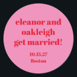 Adesivo Personalização do Casamento Moderno Vermelho Cor-d<br><div class="desc">Vinheta redonda clássica personalizada de casamento moderno e cor-de-rosa brilhante tipografia negra e vermelha</div>