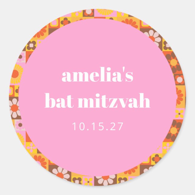 Adesivo Personalizado de Bat Mitzvah Laranja Cor-de-Rosa C (Frente)
