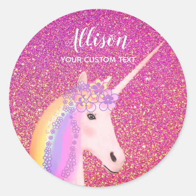 Adesivo Personalizado de Unicórnio Glitter Rosa (Frente)
