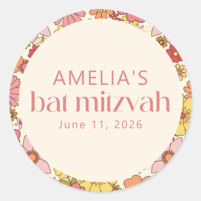 Adesivo Personalizado do Bat Mitzvah Floral Cor-de-Rosa Re (Frente)