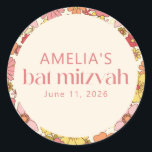Adesivo Personalizado do Bat Mitzvah Floral Cor-de-Rosa Re<br><div class="desc">Vinheta redonda clássica Bat Mitzvah,  cor-de-rosa,  cor-de-rosa,  cor-de-rosa,  cor-de-rosa</div>