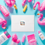 Adesivo Personalizado do Fim de Semana do Clube Social de<br><div class="desc">Celebre em estilo com este belo adesivo personalizado do Beach Social Club Bachelorette Weekend. Apresentando uma cena litorânea de cor d'água com cadeiras de salão, coquetéis e flores tropicais contra um pano de fundo sereno de pôr do sol, esta design adiciona um toque de elegância a qualquer favor partidário ou...</div>