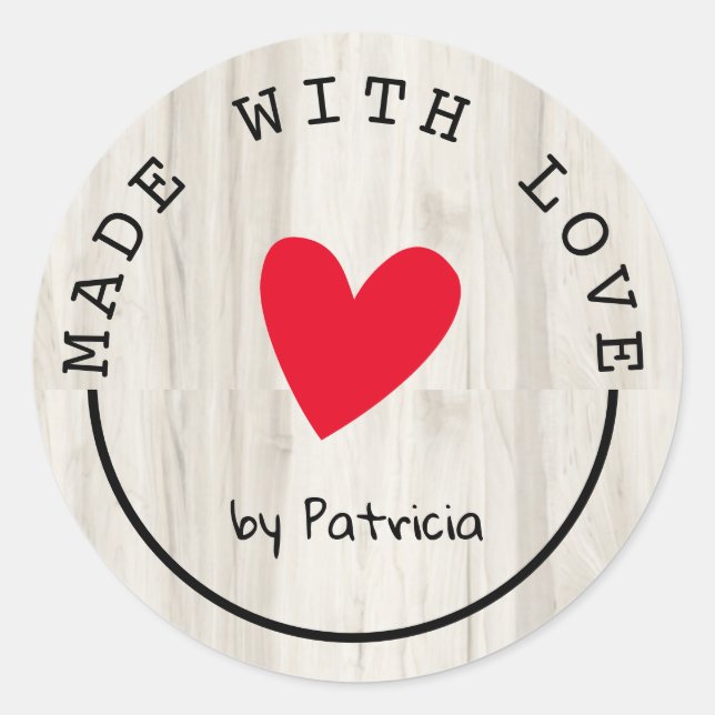 Adesivo Personalizado Feito Com Amor, Madeira Clara De Cor (Frente)