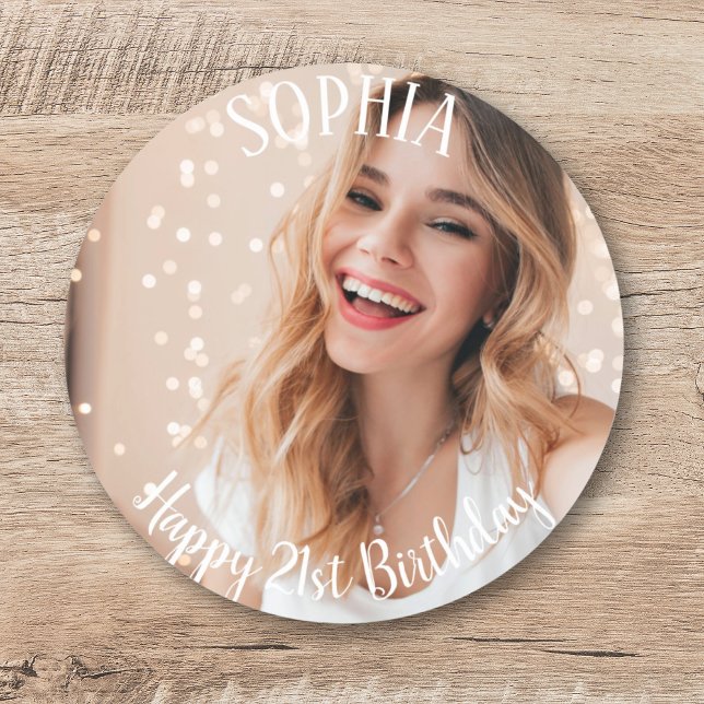 Adesivo Personalizado Obrigado Foto Simples De aniversário (Custom Thank You Simple Modern 21st Birthday Photo Classic Round Sticker
)