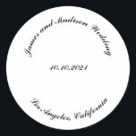 Adesivo Personalizar Nome, data de casamento de letras pre<br><div class="desc">Personalizar Nome,  data letras pretas curvas de casamento Texto personalizado do Classic Round Sticker,  personalizá-lo com seu próprio texto,  informações</div>