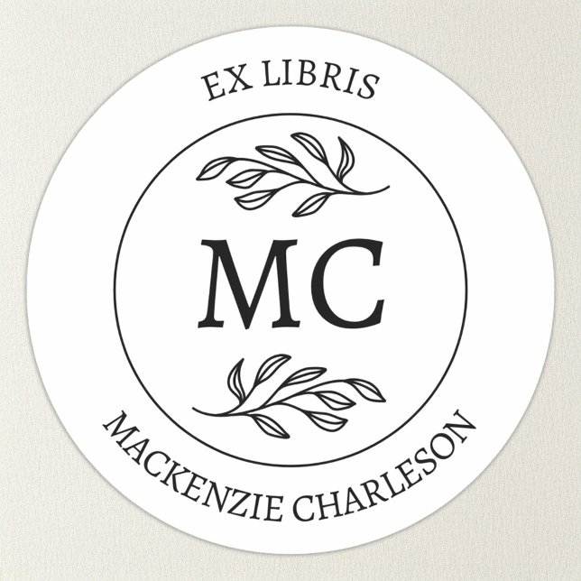 Adesivo Personalized Ex Libris Monogram Bookplate (Botanical Leaf classical monogram initial personalized Ex Libris from the library of sticker)