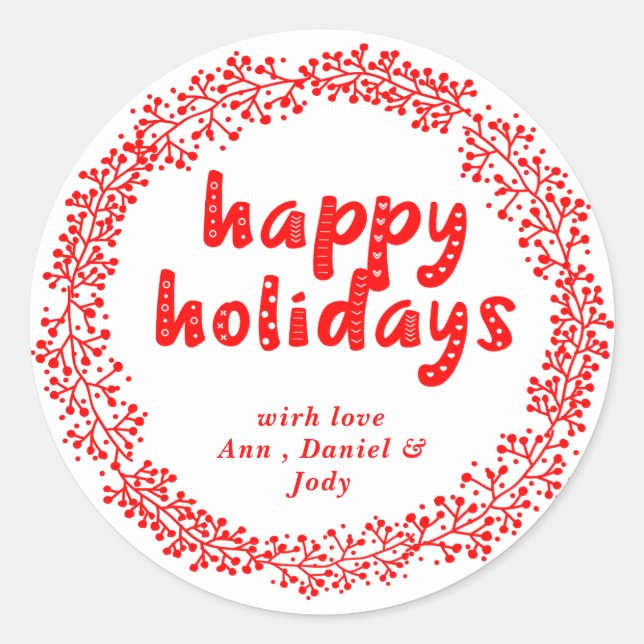 Adesivo Personalized Happy Holidays Wreath Red and White (Frente)