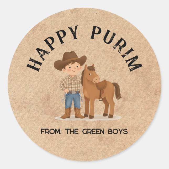 Adesivo Personalized Happy Purim Round Sticker - Cowboy (Frente)