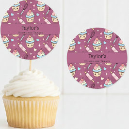 Adesivo Personalized Kawaii Pink Purple Cupcake Topper 