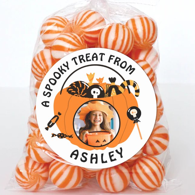 Adesivo Personalized Photo Name Halloween Candy Treat (Personalized Photo Name Kids Halloween Candy Bucket Stickers Custom Treat Labels for Classroom Party)