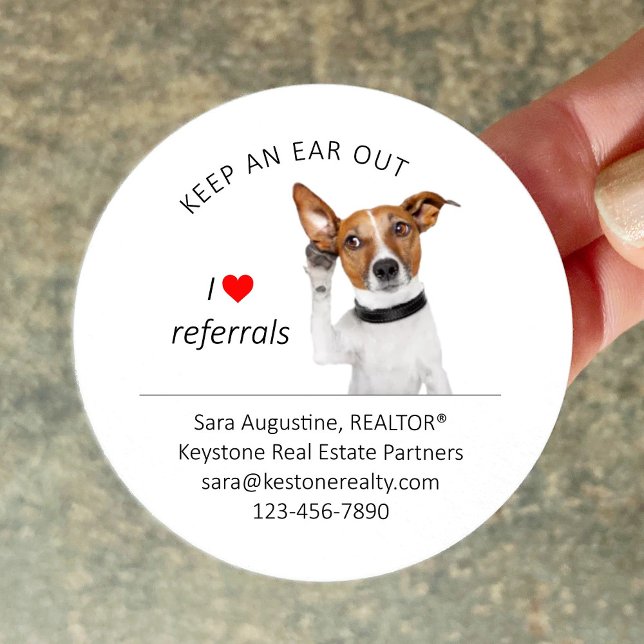 Adesivo Personalized Realtor Referral Dog, Keep an Ear Out (Criador carregado)
