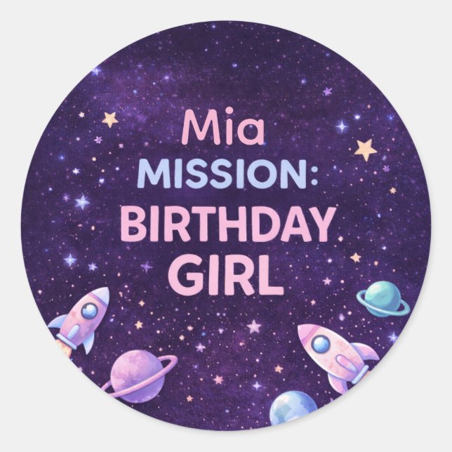 Adesivo Personalized Space Birthday Girl Party Sticker (Frente)