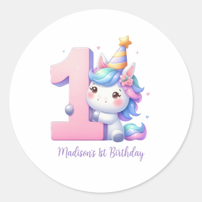 Adesivo Personalized Unicorn 1st First Girls Birthday  (Frente)