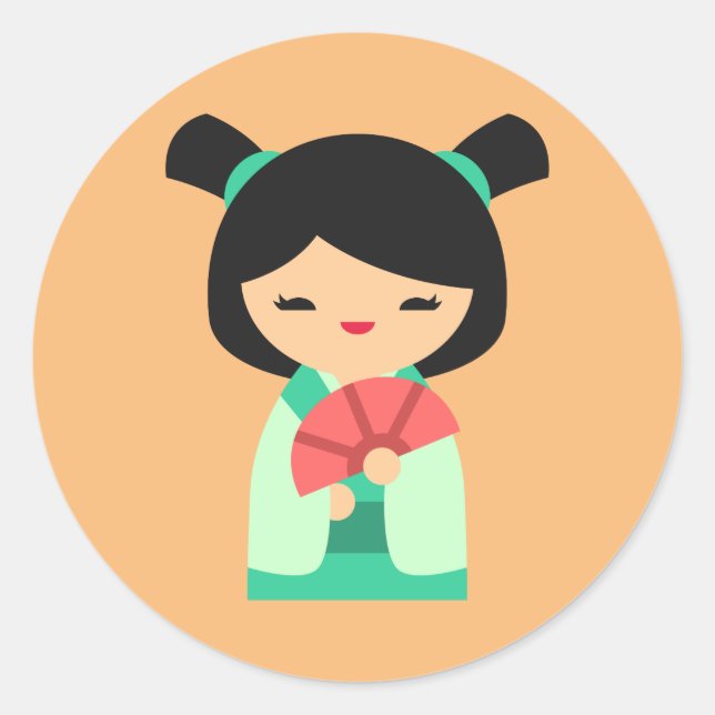Adesivo Pêssego aqua rosa bonecas japonesas Kokeshi (Frente)