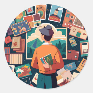 Adesivo pessoa-admirá-uma-coleção-de-vintage-postca