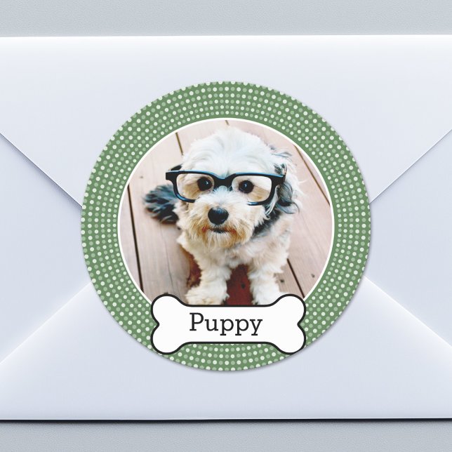 Adesivo Pet Photo with Dog Bone - bolinhas verdes (Custom Sticker for Party Favors or Envelopes)