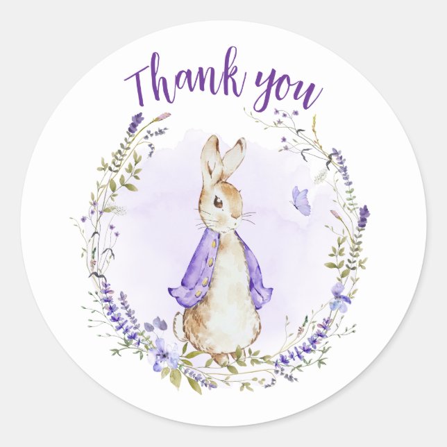 Adesivo Peter Rabbit Purple Chá de fraldas Obrigado (Frente)