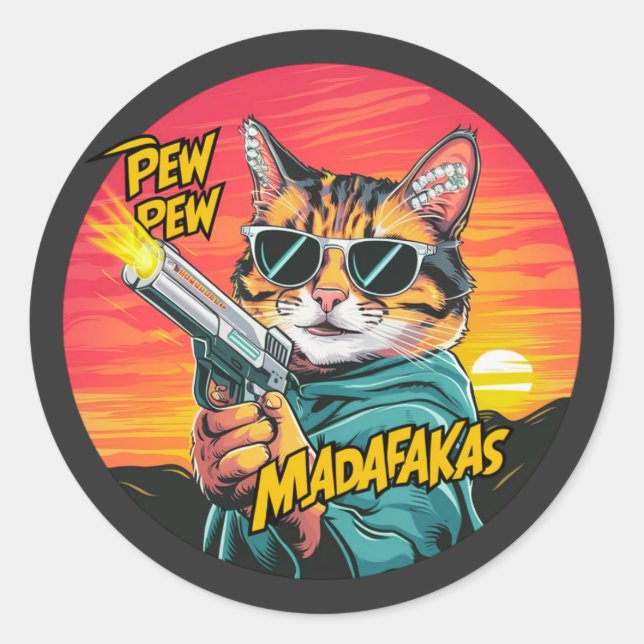 Adesivo Pew Pew Madafakas - sol set style e gato engraçado (Frente)