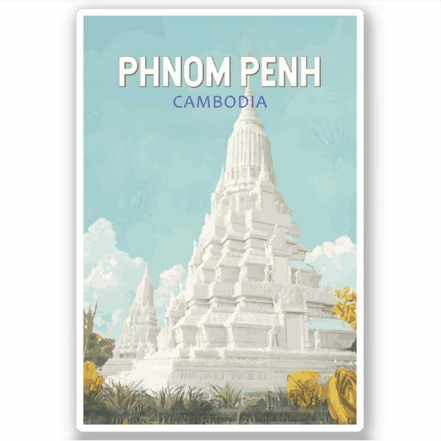 Adesivo Phnom Penh Cambodja Ilustração Retrô Viagem de Art (Frente)