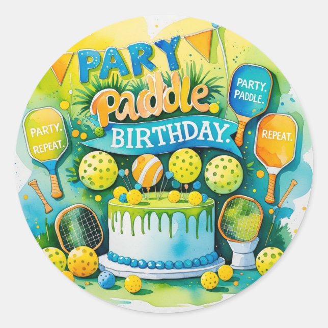 Adesivo Pickleball Birthday temeu "Festa". Raquete. Repita (Frente)
