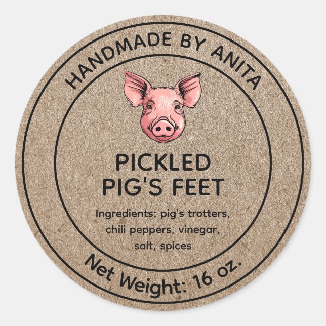 Adesivo Pickled Pig's Feet Jar Label Kraft Style (Frente)