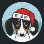 Adesivo Piebald Dachshund Papais noeis Cute Wiener Dog Per<br><div class="desc">Espalhe a alegria de férias com este adorável adesivo de Natal! O adesivo apresenta um dachshund picável ilustrado, vestindo um chapéu vermelho-brilhante de Santa, com guarnição branca. HO HO HO pode ser personalizado com nome ou outro texto. Estes autocolantes podem ser utilizados para selar envelopes ou embalagens para as férias...</div>