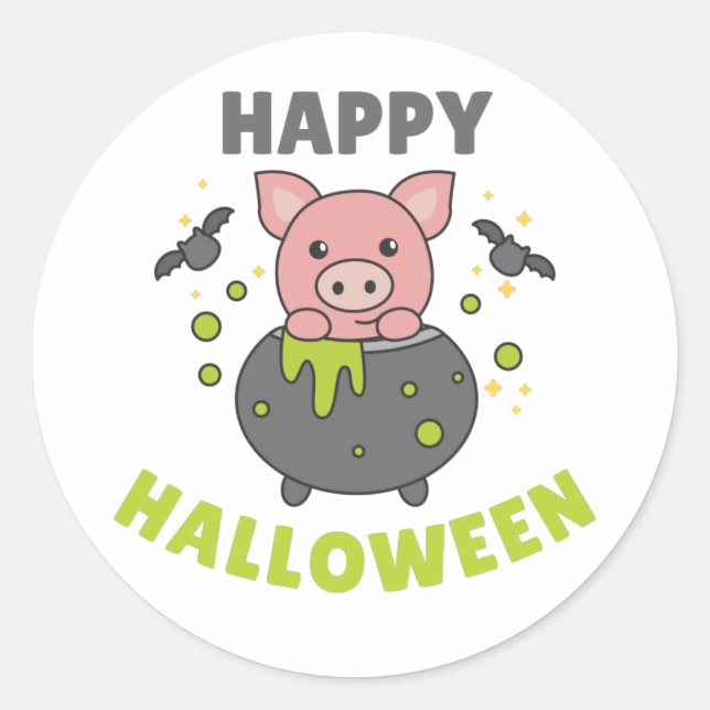 Adesivo Pig Happy Halloween Cauldron Bat Classic Round Sti (Frente)