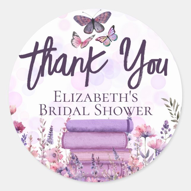 Adesivo Pilha de Livros Roxos Flores Silvestres Borboletas (Frente)