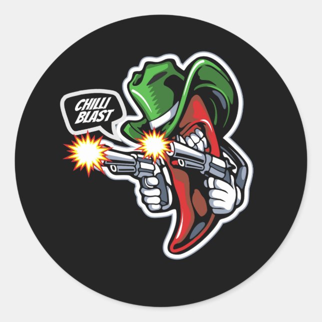 Adesivo pimenta-pimenta-mascote-com-arma-ilustração-pr (Frente)