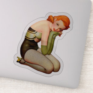 Adesivo Pin-up da cabeça vermelha da safra com meias de r