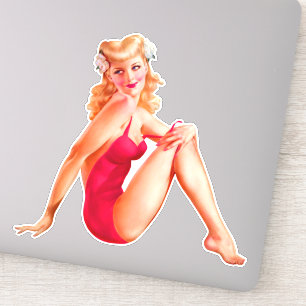 Adesivo Pin-up loiro em roupa de banho vermelha