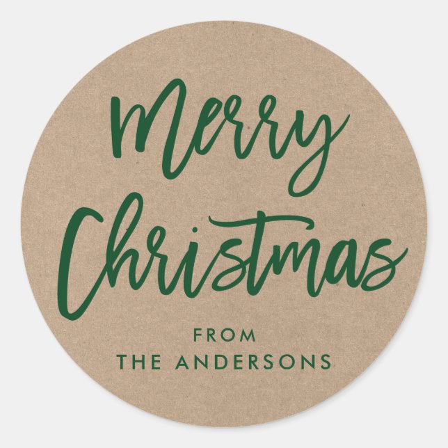 Adesivo Pincel de Presente Verde Kraft de Natal com Script (Frente)