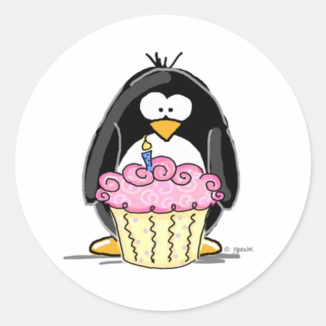 Adesivo Pinguim de aniversário com Cupcake (Frente)