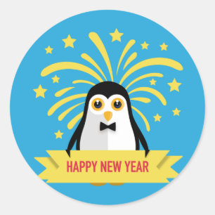 Adesivo Pinguim de Feliz ano novo Adorável com Fireworks