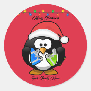 Adesivo Pinguim de fundo vermelho segurando presentes de N