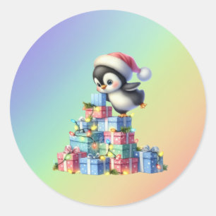 Adesivo Pinguim de Natal bonito com presentes e cartões lu