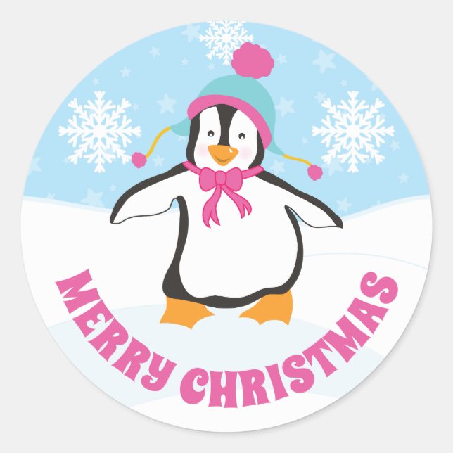 Adesivo Pinguim de Natal com Chapéu Azul e Rosa Fofo (Frente)